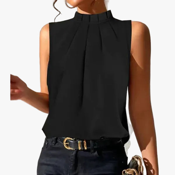 womens-woven-blouse-with-mock-neck-and-front-pleats-1