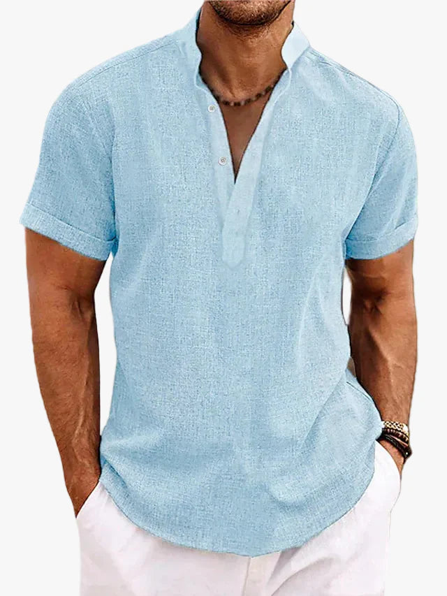 mens-casual-woven-polo-shirt-with-band-collar-and-v-neck-1