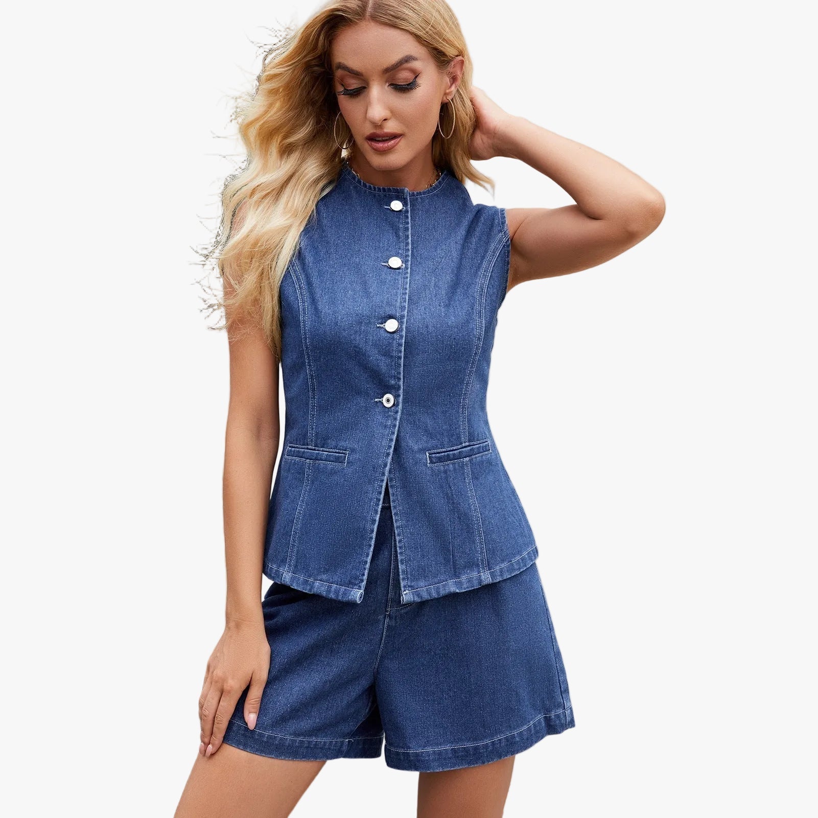 womens-denim-short-set-with-button-front-top-and-round-neck-1