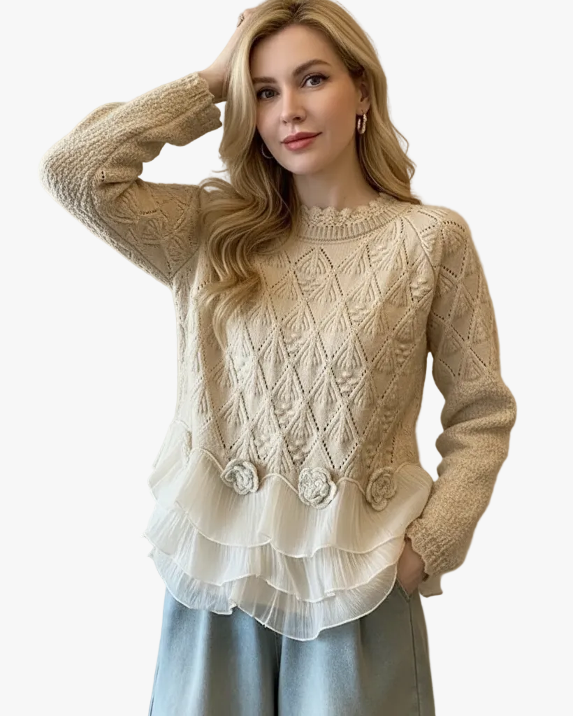 womens-knit-sweater-with-cable-pattern-and-tiered-ruffle-hem-1