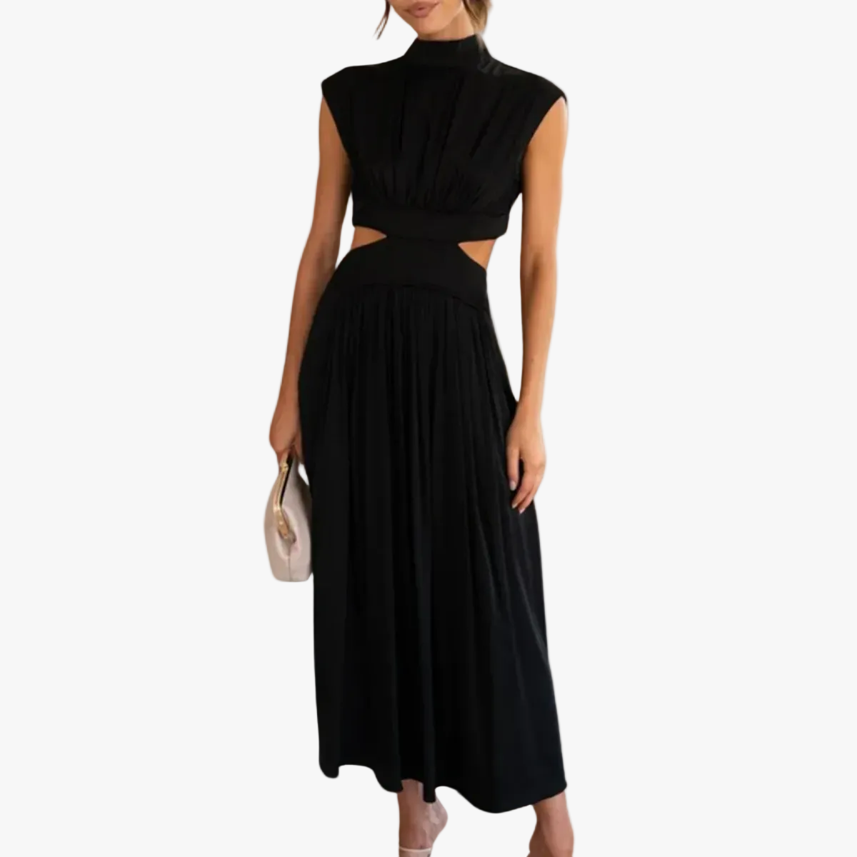 womens-maxi-dress-in-woven-material-with-waist-cutouts-and-high-neck-1