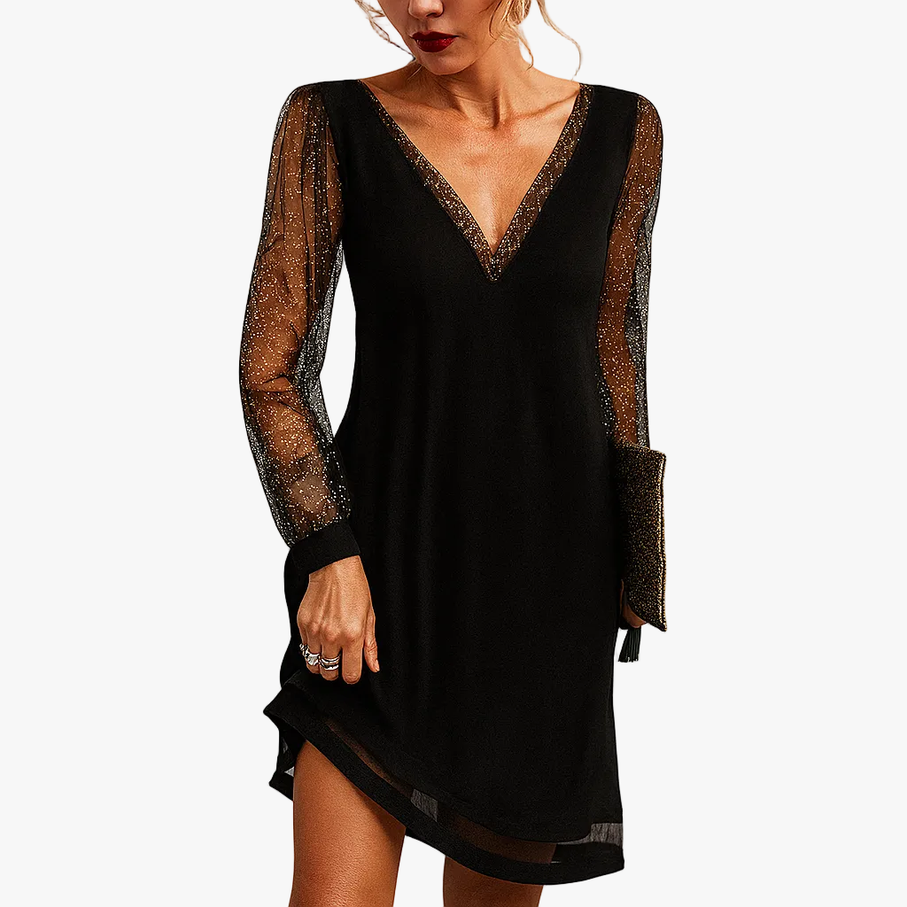 womens-midi-dress-in-mesh-with-sheer-sleeves-and-v-neck-1