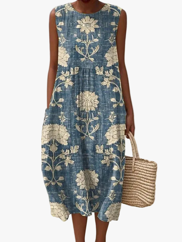 womens-midi-dress-in-woven-material-with-crew-neck-and-floral-print-1