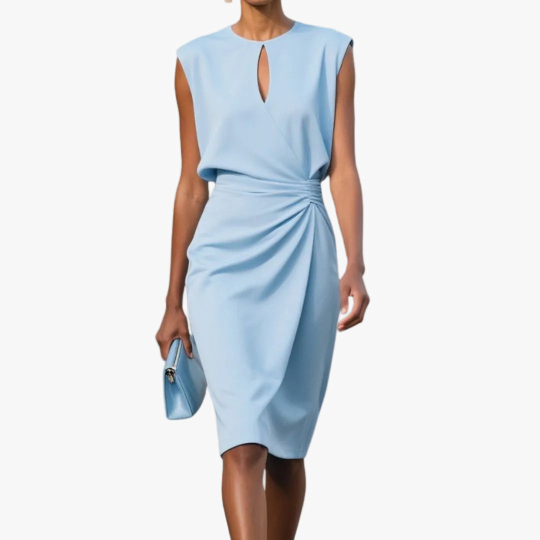 womens-midi-dress-in-woven-material-with-keyhole-neck-and-ruching-1