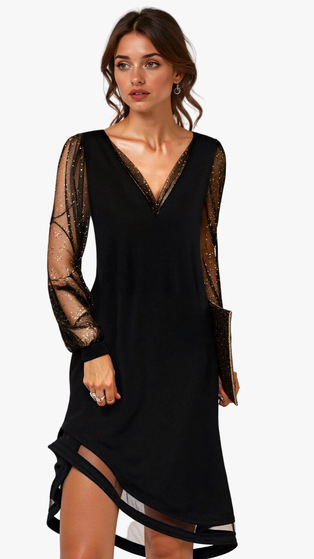 womens-midi-dress-with-mesh-sleeves-and-v-neck-trim-1