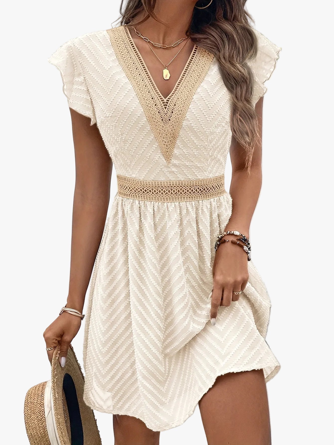 womens-mini-dress-in-woven-material-with-v-neck-trim-and-flutter-sleeves-1