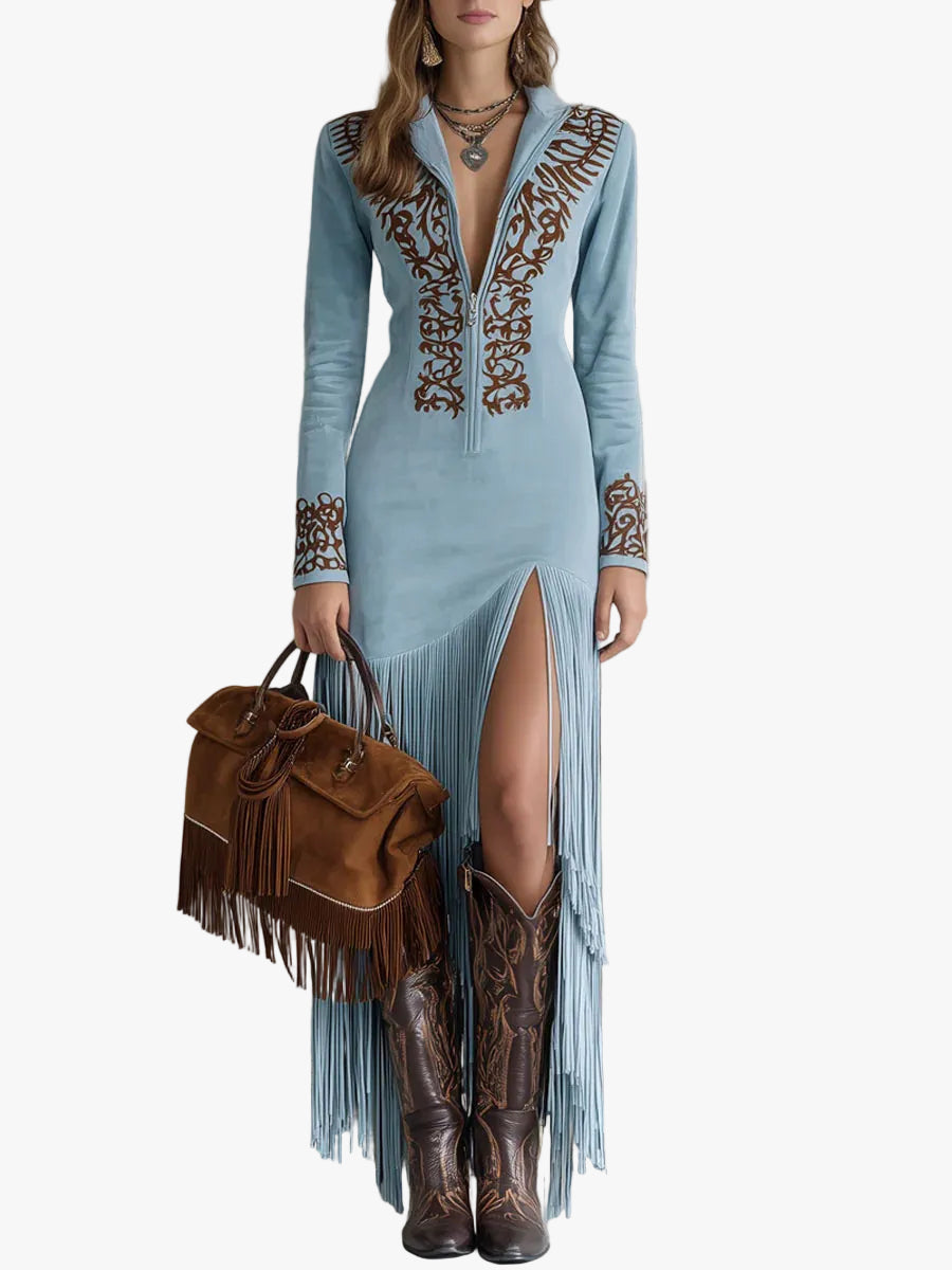 womens-western-faux-suede-maxi-dress-with-fringe-hem-and-quarter-zip-1