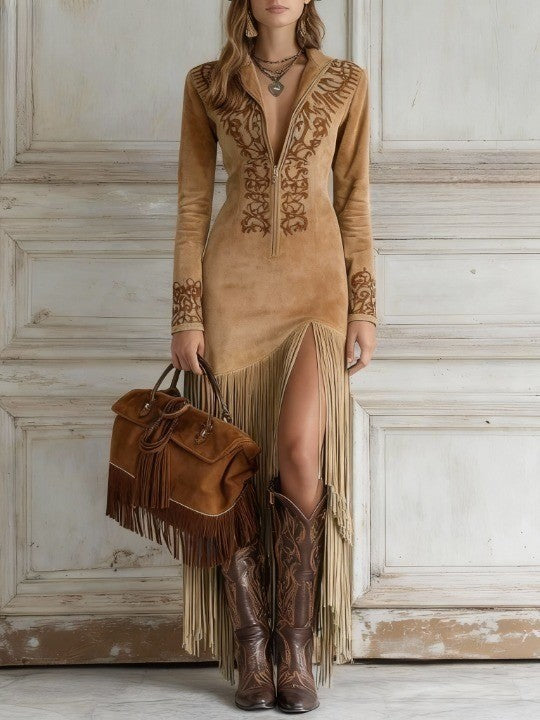 womens-western-faux-suede-maxi-dress-with-fringe-hem-and-quarter-zip-2