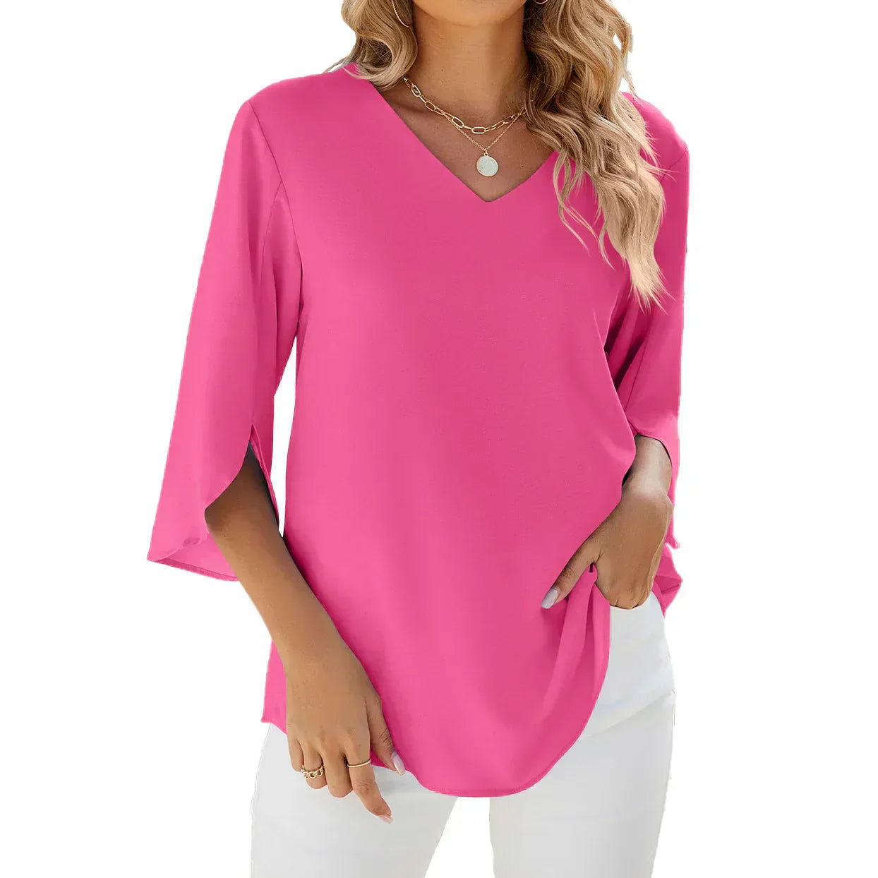 womens-woven-blouse-with-v-neck-and-split-sleeves-2