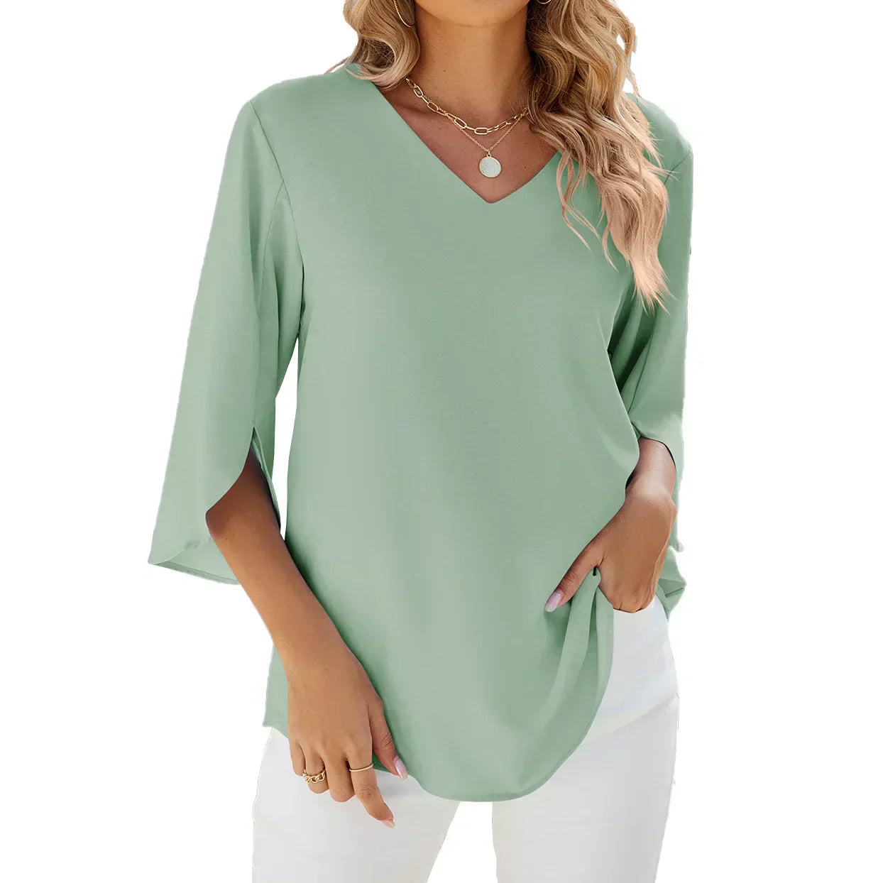 womens-woven-blouse-with-v-neck-and-split-sleeves-3