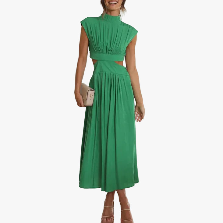womens-woven-midi-dress-with-high-neck-and-side-openings-1