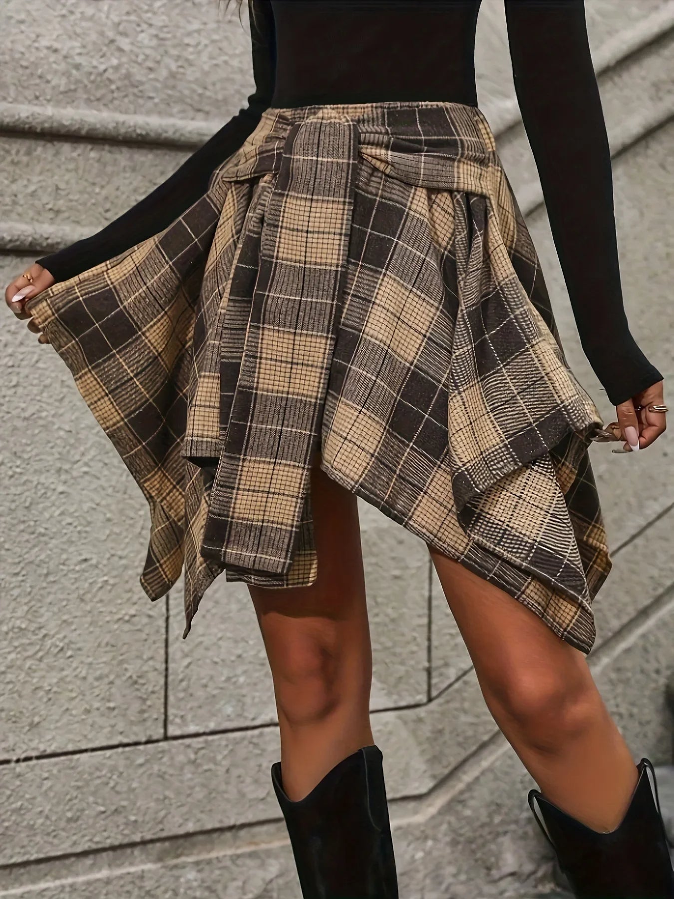 womens-woven-plaid-skirt-with-tie-waist-and-handkerchief-hem-2